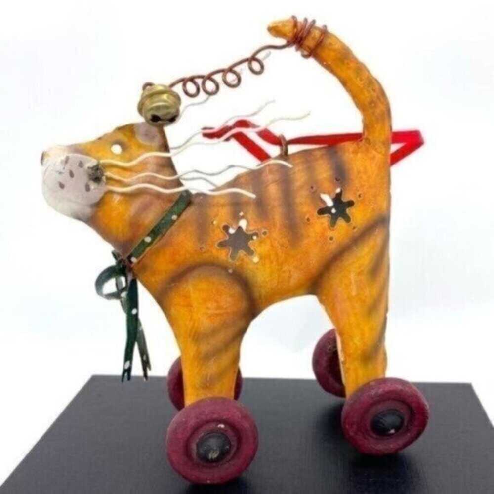 Folk Art Rustic Metal Orange Cat Christmas Ornament